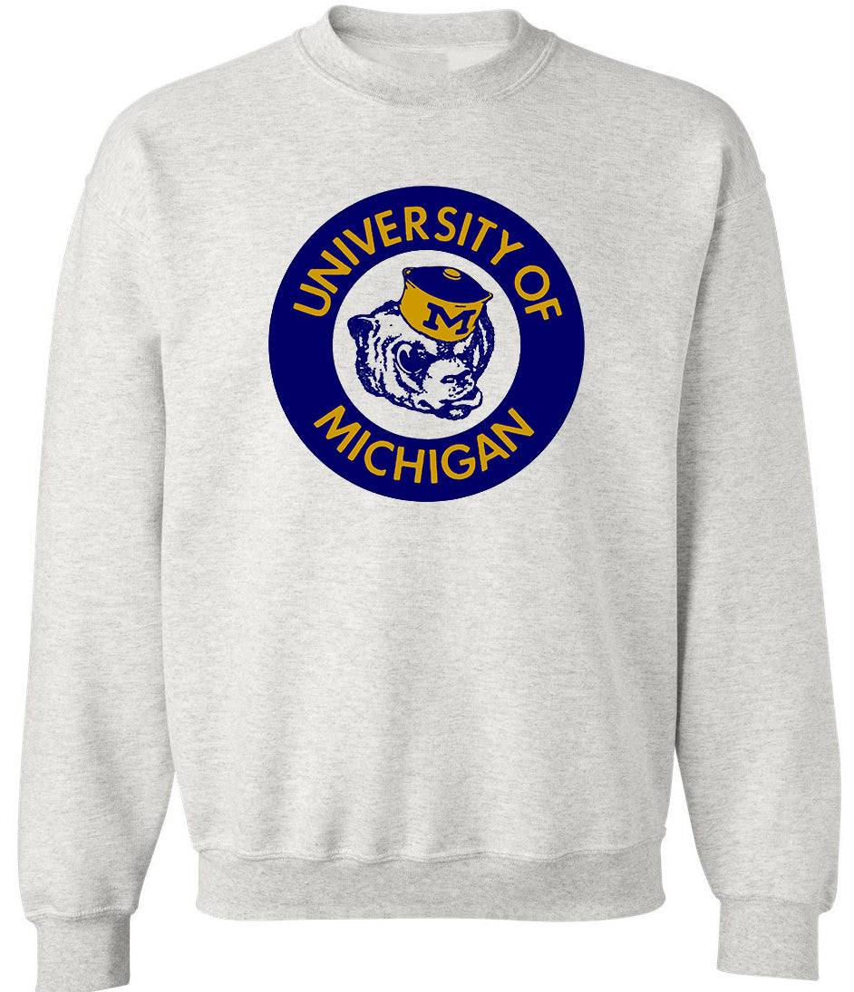 Michigan Vintage 1940s Booster Club Sweatshirt in Old Skool Grey with University of Michigan logo.