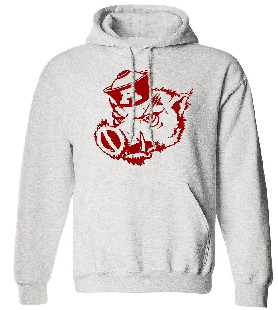 Arkansas Vintage Booster Club sweatshirt in grey with Razorbacks logo, available in crewneck or hoodie style.