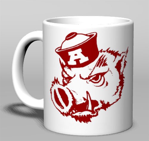 Arkansas Razorbacks classic ceramic mug with hog logo, cream color, 11oz or 15oz options.