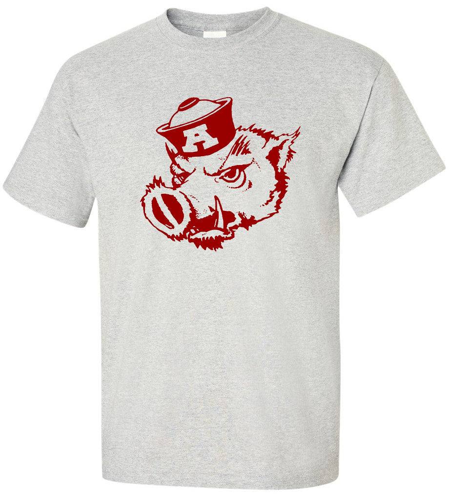 Arkansas Vintage Booster Club Tee in Old Skool Grey with Razorbacks design.