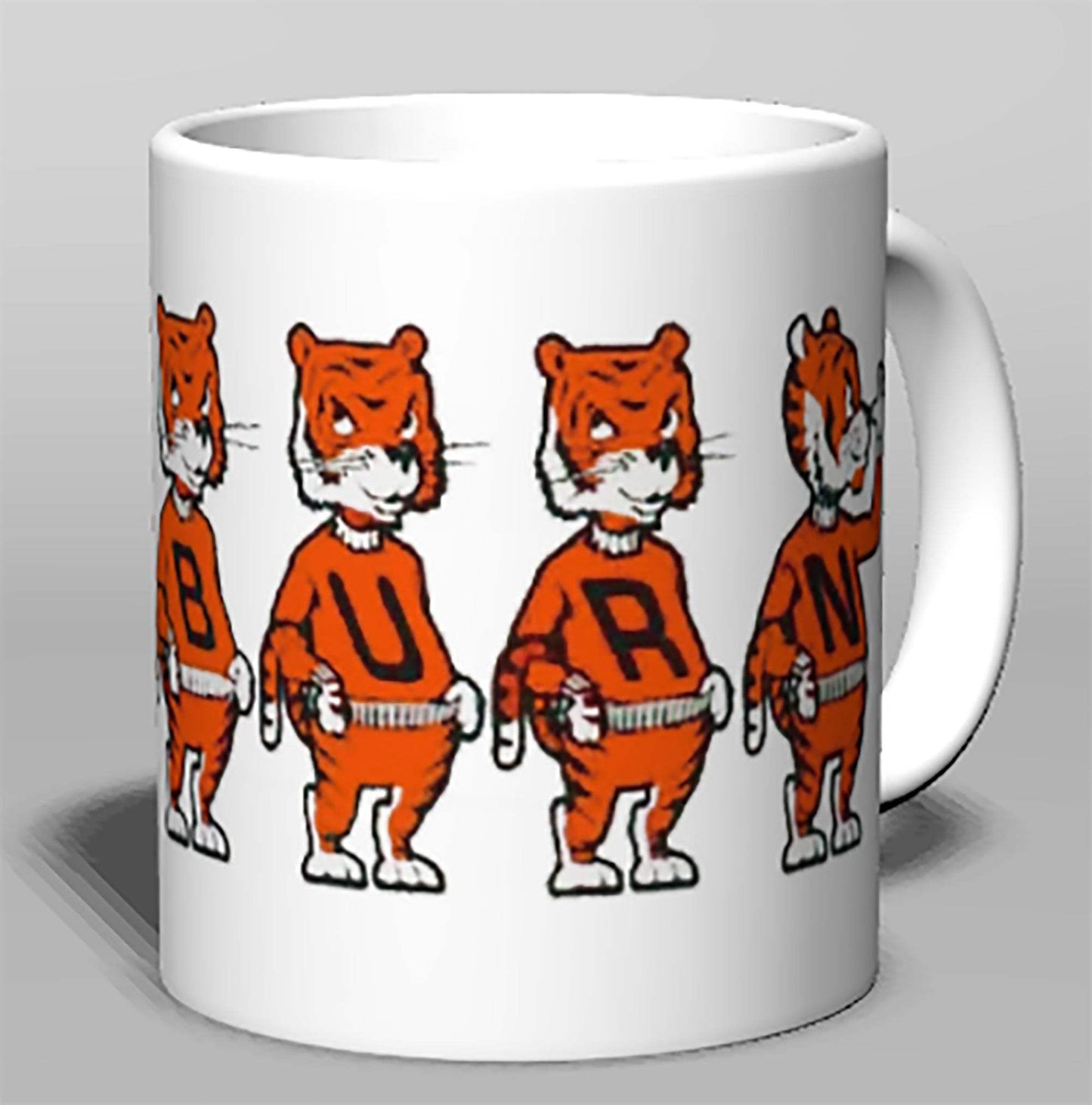 Auburn Vintage Booster Club ceramic mug featuring tiger motif on cream background, available in 11oz and 15oz sizes.