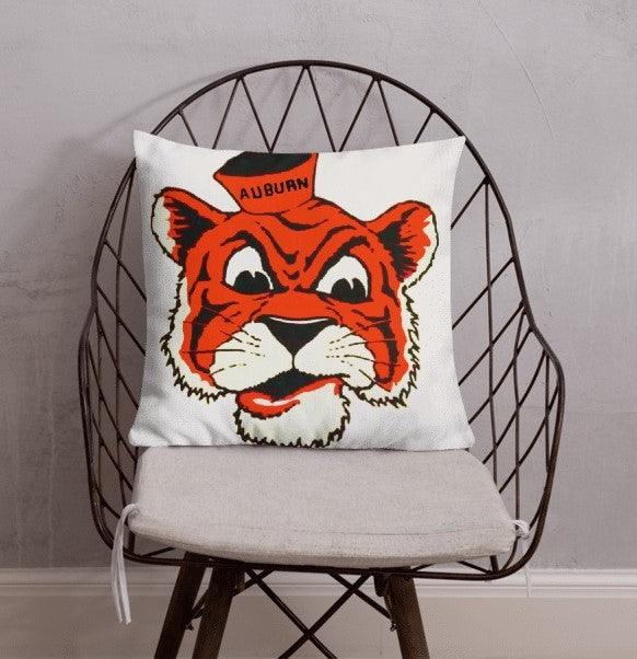 Auburn Vintage Booster Club Pillow featuring a retro tiger design on an 18x18-inch microsuede cover.