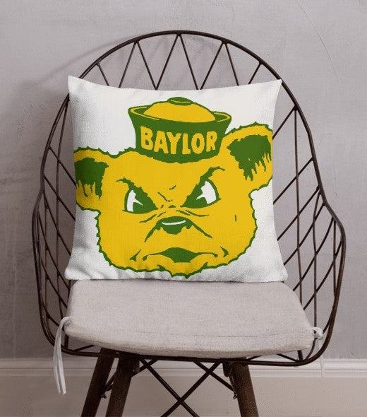 Baylor Vintage Booster Club Pillow on chair, featuring a vivid bear graphic on 18"x18" microsuede cover.