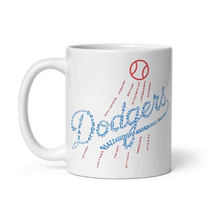 Cream Dodgers Legends Logo Mug with exclusive legends graphic design, 11oz ceramic, microwave, and dishwasher safe.