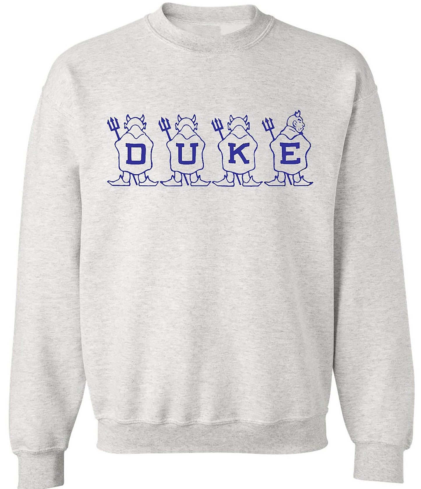 Duke Vintage Booster Club Grey Sweatshirt with Blue Devils Design in Crewneck Style.