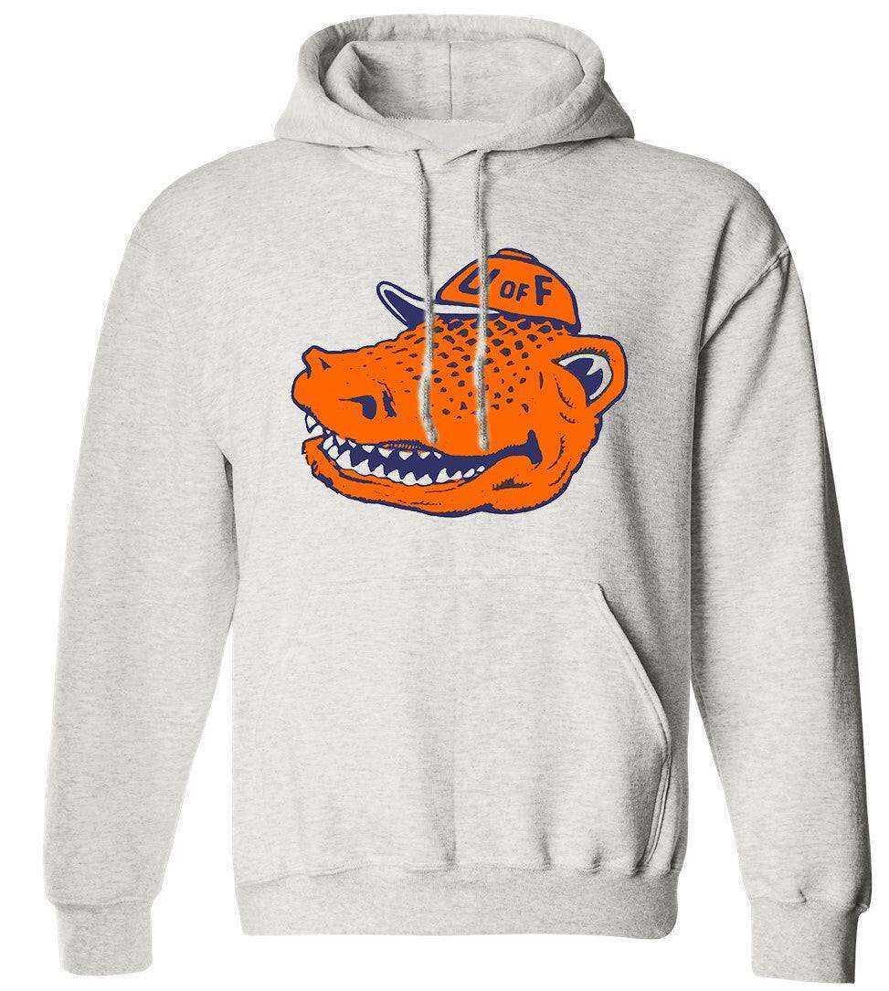 Florida Gators vintage booster club sweatshirt in old skool grey with hoodie and pouch pockets.