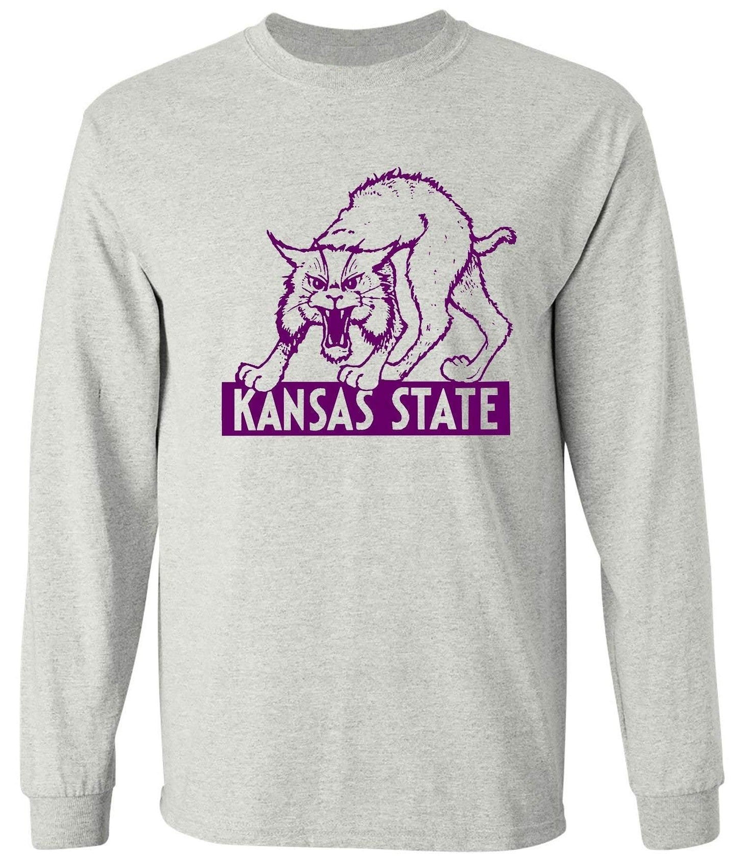Kansas Wildcats Vintage Booster Club tee in Old Skool Grey, featuring a wildcat design with "Kansas State" text, available in men's and ladies styles.