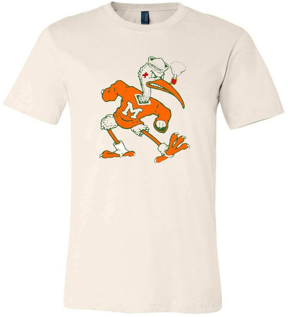 Miami Hurricanes Vintage Booster Club Tee, cream, featuring mascot design, 100% ringspun cotton.