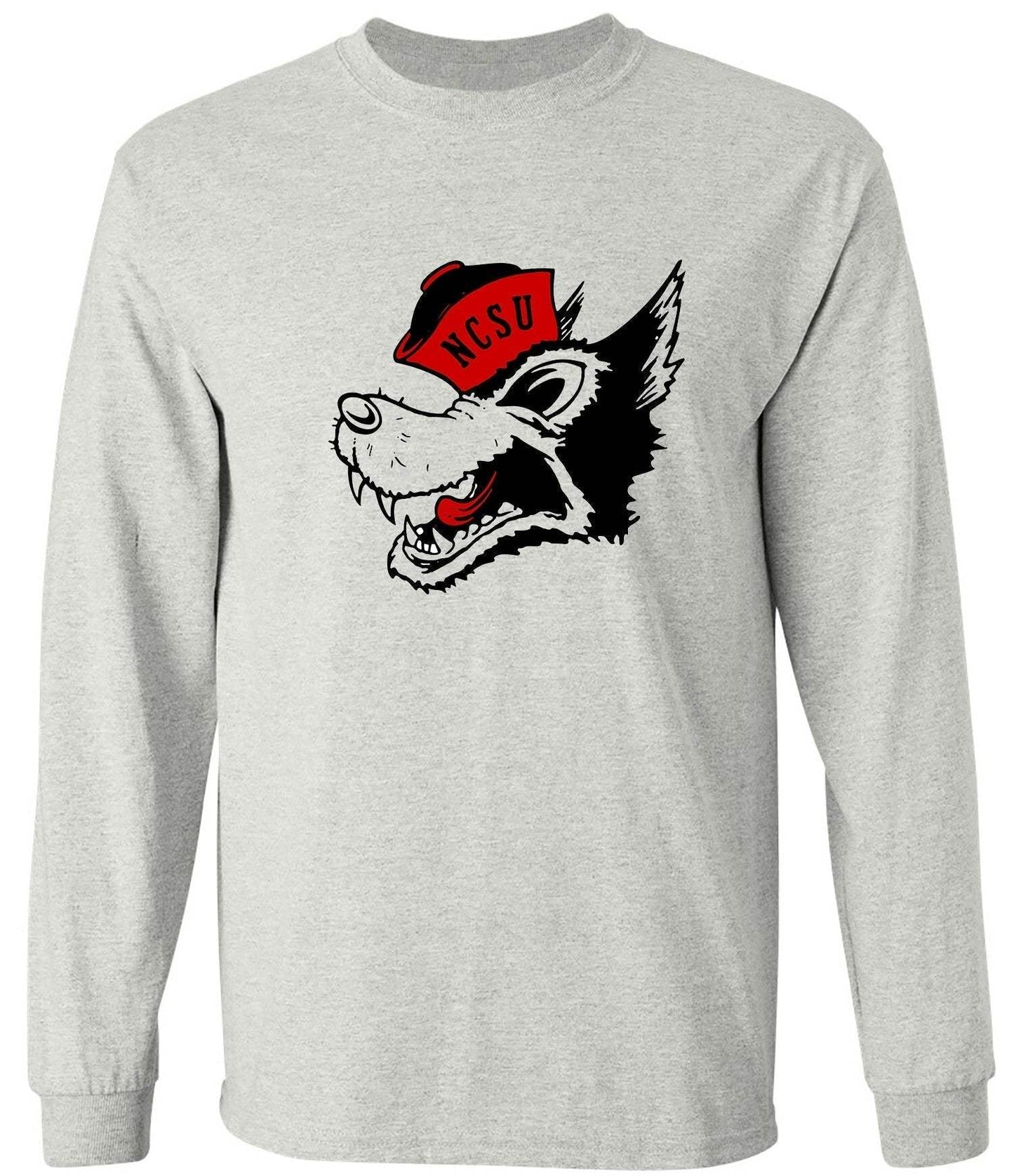 NC State vintage booster club tee, featuring an NCSU wolf graphic on old skool grey; preshrunk ringspun cotton, available in men's and ladies sizes, short or long sleeve.