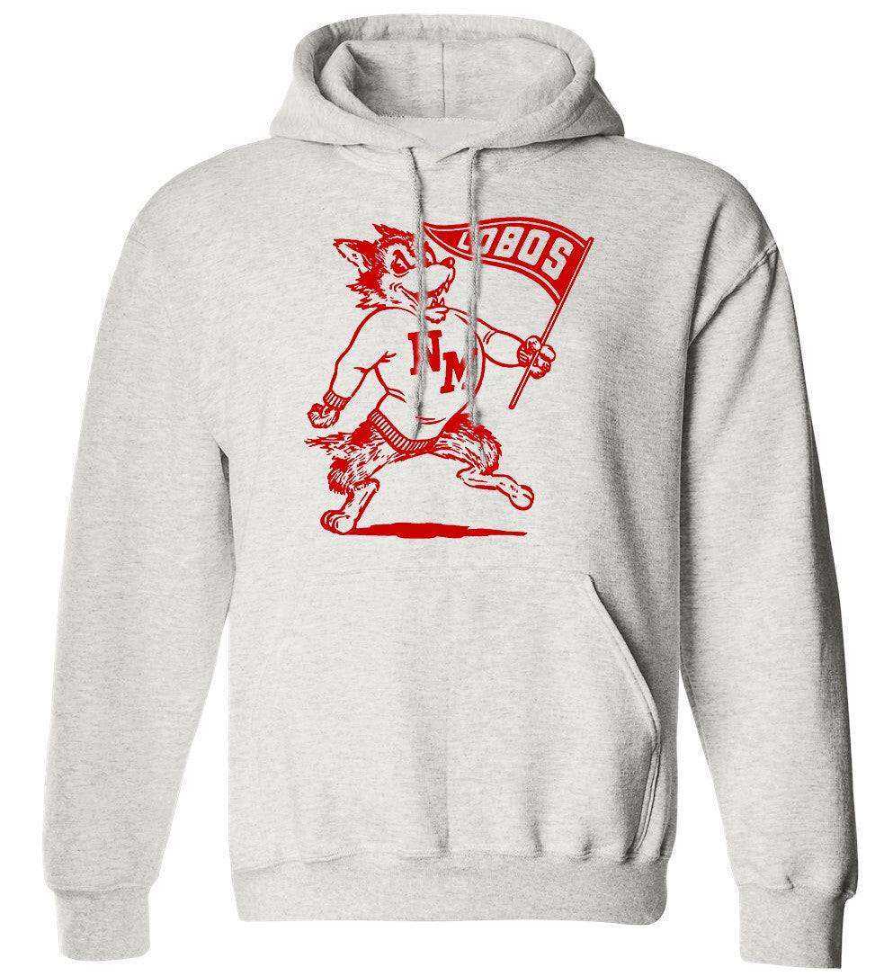 Vintage Lobos apparel in old skool grey hoodie with red graphic design.