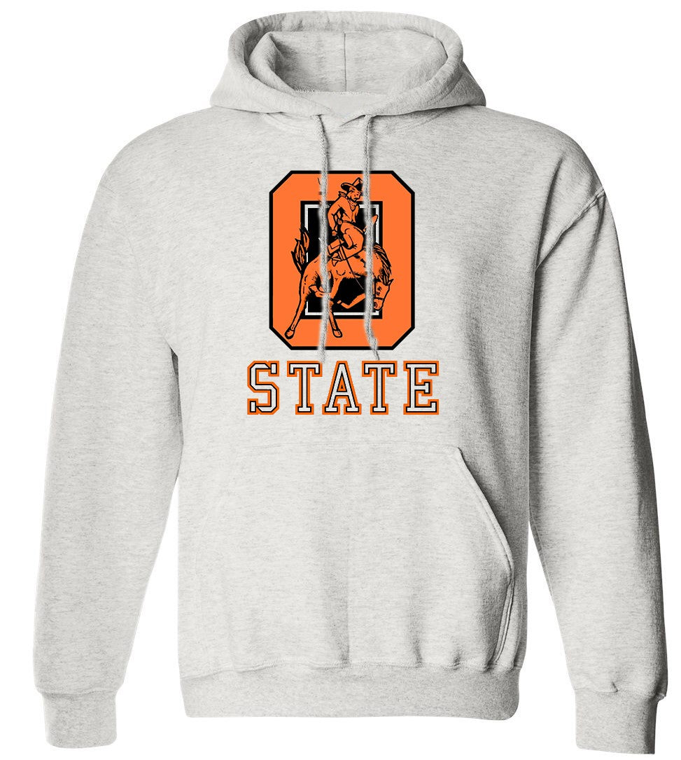 Oklahoma State Vintage Booster Club sweatshirt in old skool grey with pouch pockets and orange emblem.