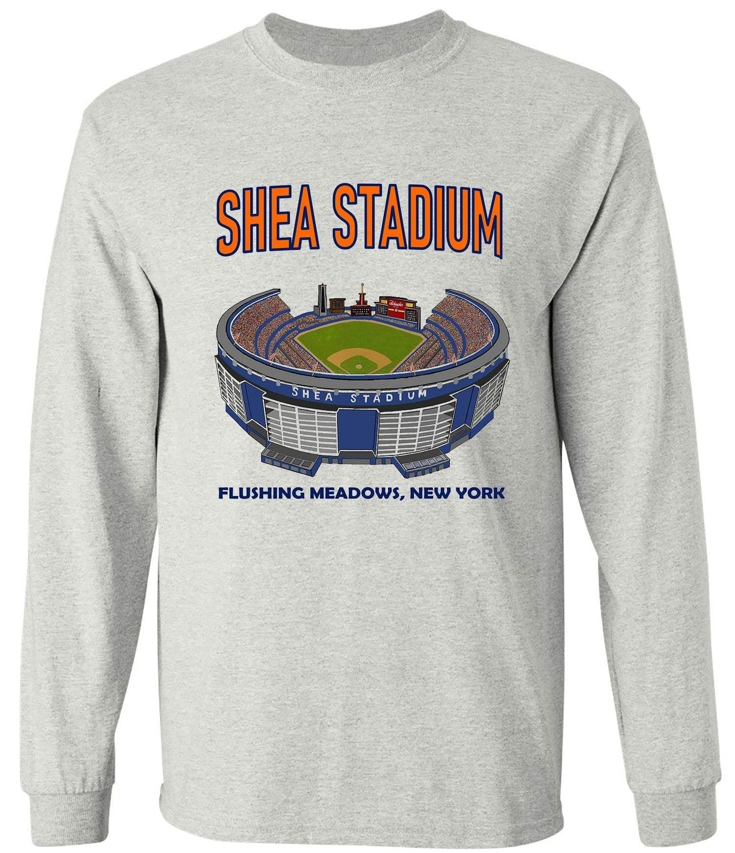 New York Mets Shea Stadium tee in old skool grey, featuring a Shea Stadium graphic and text "Flushing Meadows, New York".