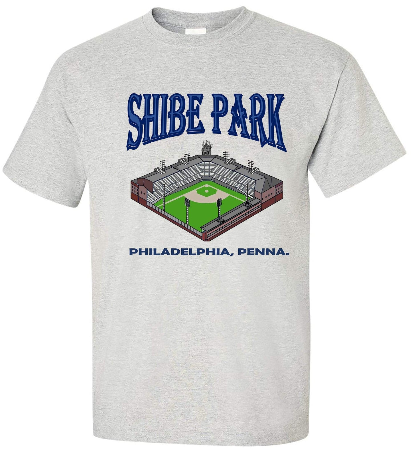 Vintage Shibe Park Tee in Old Skool Grey featuring a detailed illustration of Shibe Park stadium, representing Philadelphia baseball history.
