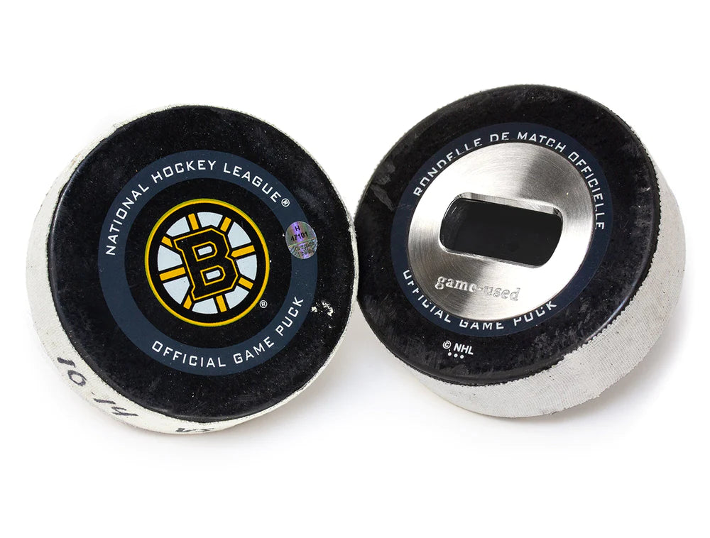 Boston Bruins Game Used Puck Bottle Opener - RetroSportCo