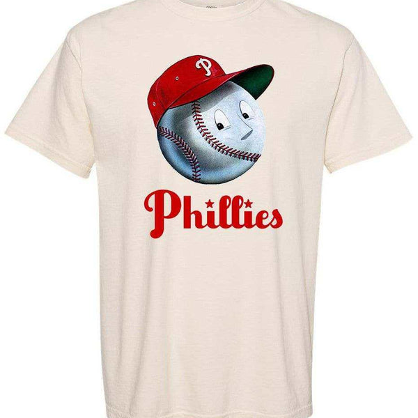 1950s Mr. Phillies Scorecard Tee with Mr. Baseball graphic and Phillies logo on cream cotton shirt.