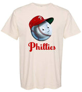 1950s Mr. Phillies Scorecard Tee with Mr. Baseball graphic and Phillies logo on cream cotton shirt.