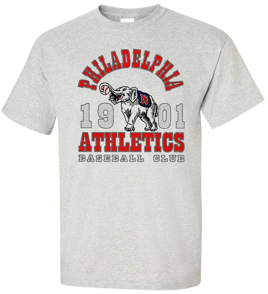 Philadelphia Athletics Legacy Tee in ash color with vintage design featuring elephant logo, 100% ringspun cotton fabric.