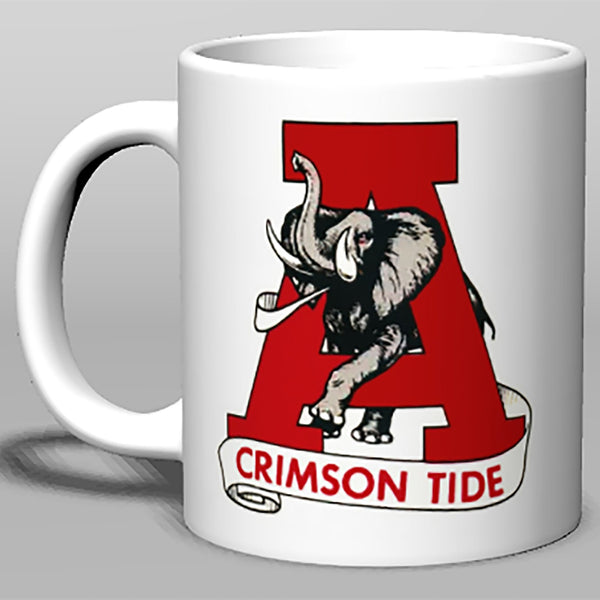 Alabama Tide Booster Club ceramic mug with vintage Crimson Tide graphic in cream color.