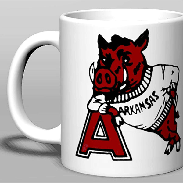 Vintage Arkansas Booster Club Mug, ceramic, Razorbacks design, cream color, 11oz or 15oz, microwave and dishwasher safe.