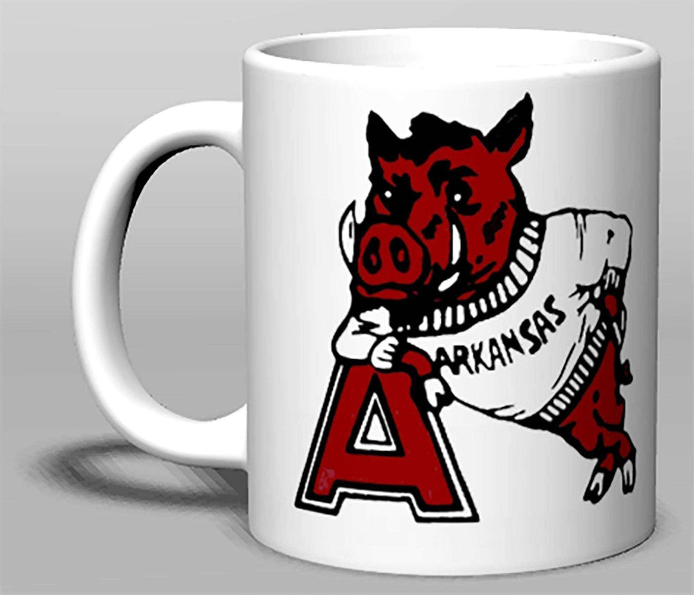 Vintage Arkansas Booster Club Mug, ceramic, Razorbacks design, cream color, 11oz or 15oz, microwave and dishwasher safe.