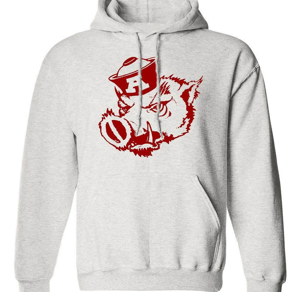Arkansas Vintage Booster Club sweatshirt in grey with Razorbacks logo, available in crewneck or hoodie style.