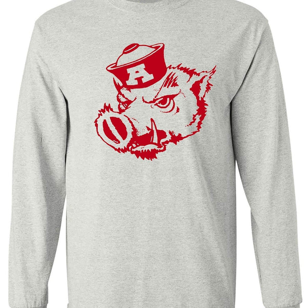 Arkansas Vintage Booster Club Tee in Old Skool Grey with Razorbacks design.