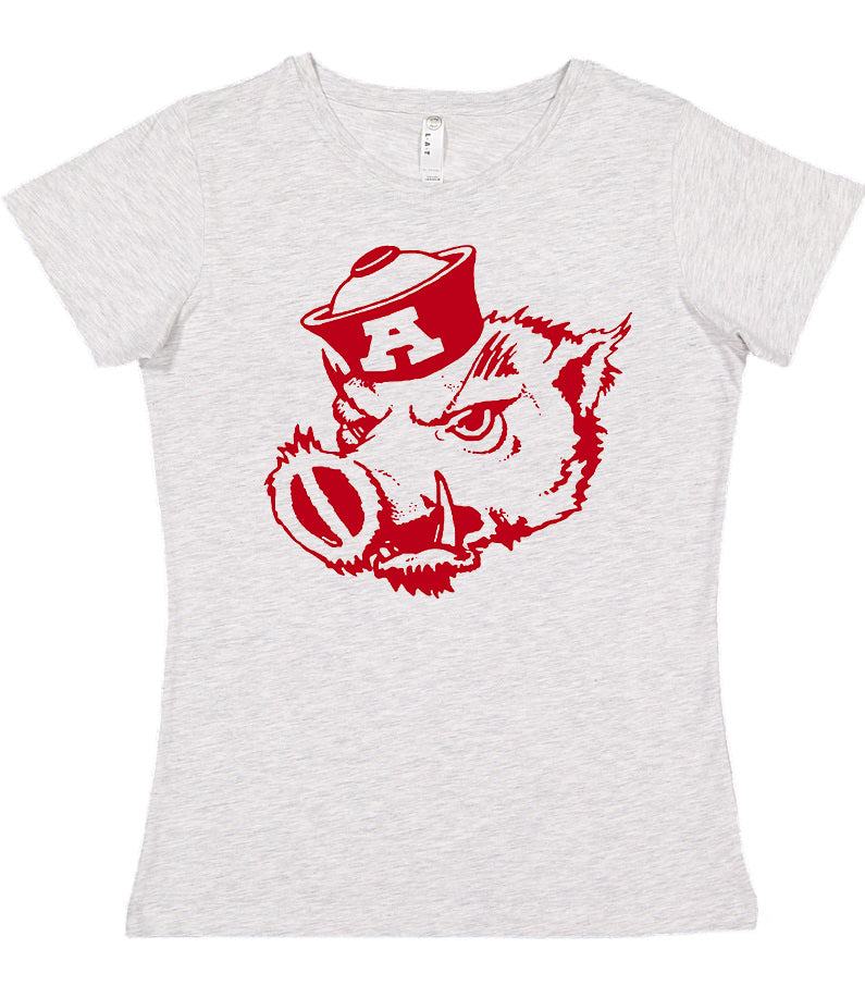 Arkansas Vintage Booster Club Tees in Old Skool Grey featuring a Razorbacks design.