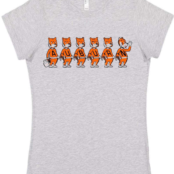 Auburn Tigers Vintage Booster Club Tee in Old Skool Grey with cartoon tiger design.