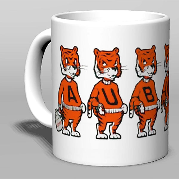 Ceramic mug with Auburn Vintage Booster Club tiger design, cream color.