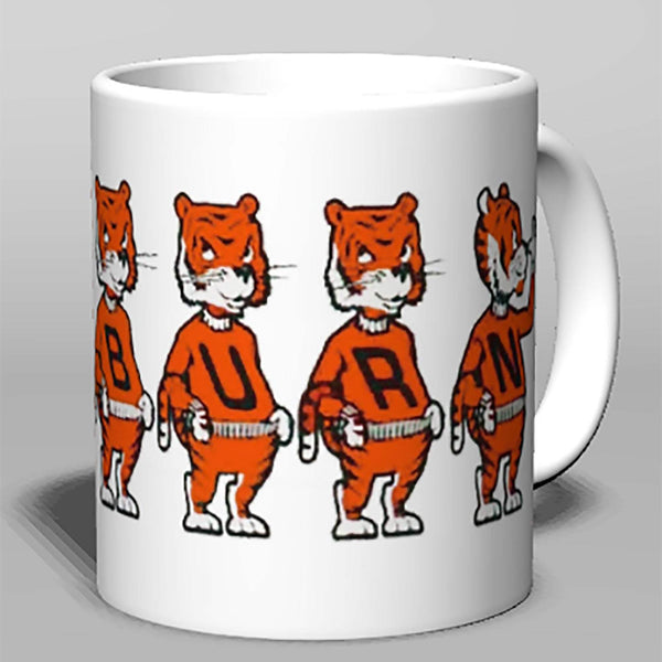 Auburn Vintage Booster Club ceramic mug featuring tiger motif on cream background, available in 11oz and 15oz sizes.
