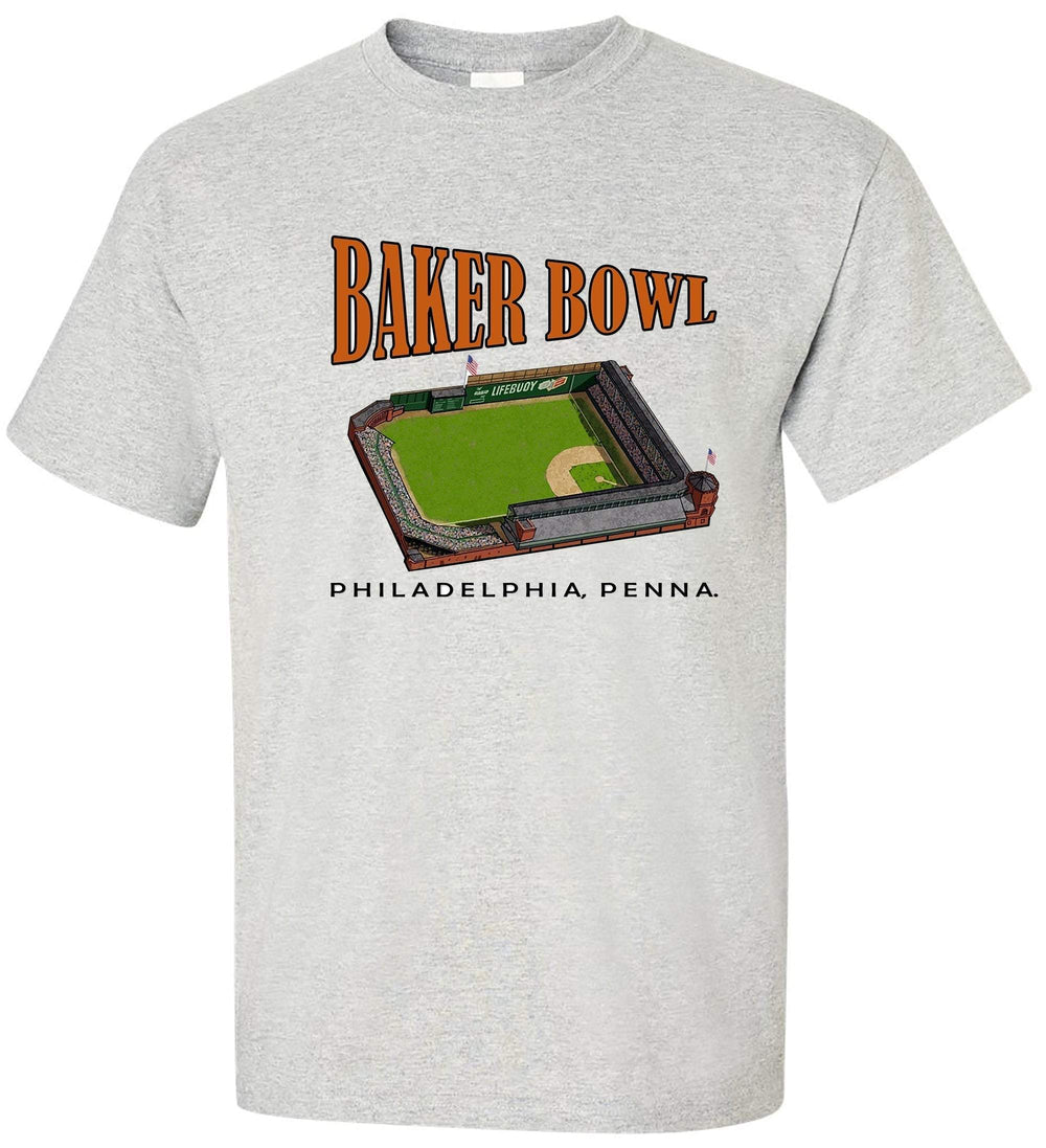 Vintage Philadelphia Baker Bowl Tee in Old Skool Grey, featuring historic ballpark graphic.