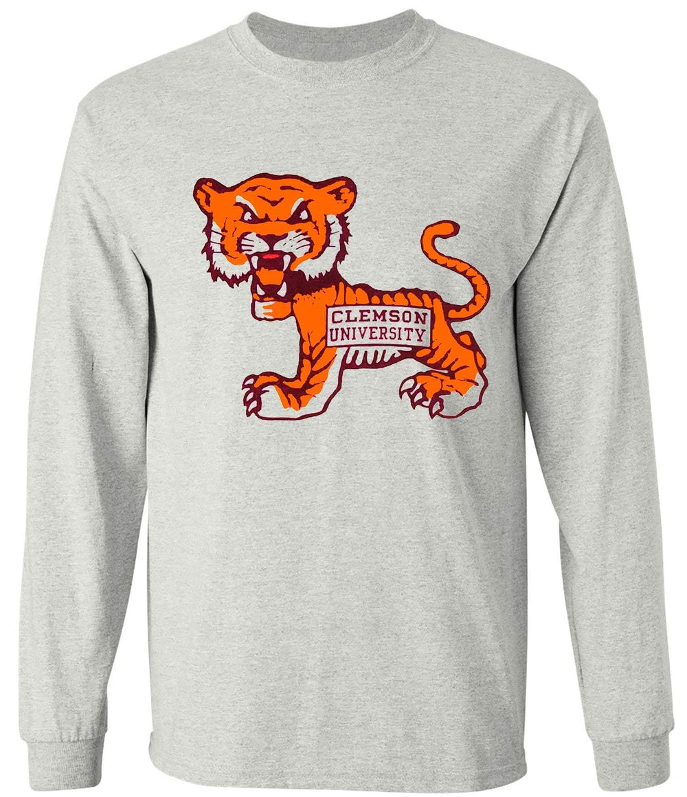 Clemson Tigers Vintage Booster Club Tee in Old Skool Grey featuring a retro tiger graphic.