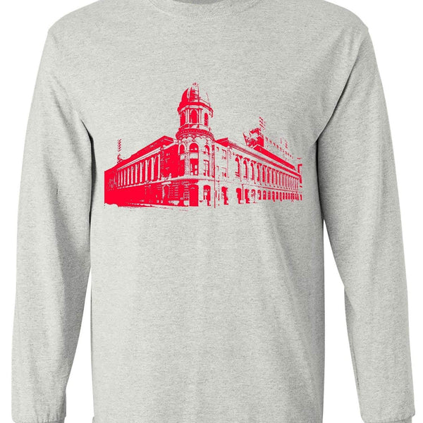 Ash-colored tee featuring a red illustration of Shibe Park Connie Mack Stadium.