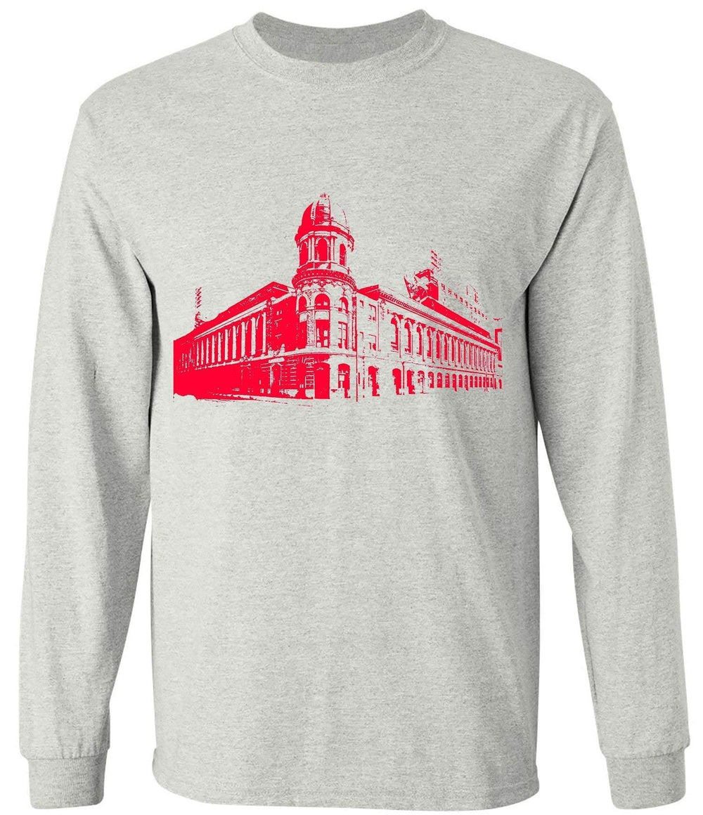 Ash-colored tee featuring a red illustration of Shibe Park Connie Mack Stadium.