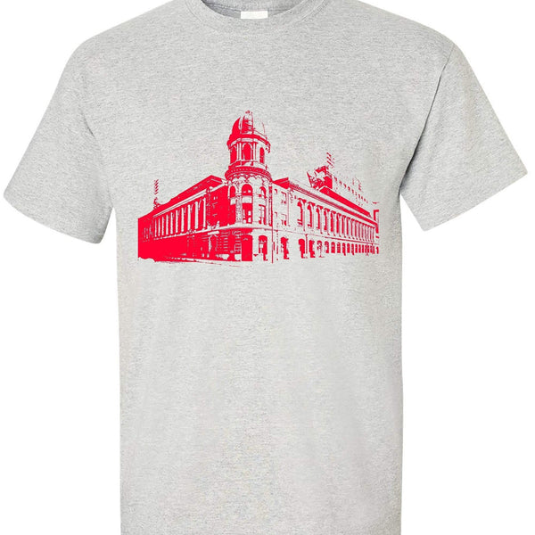 Shibe Park Connie Mack Stadium tee in ash color with red design, short sleeve style.