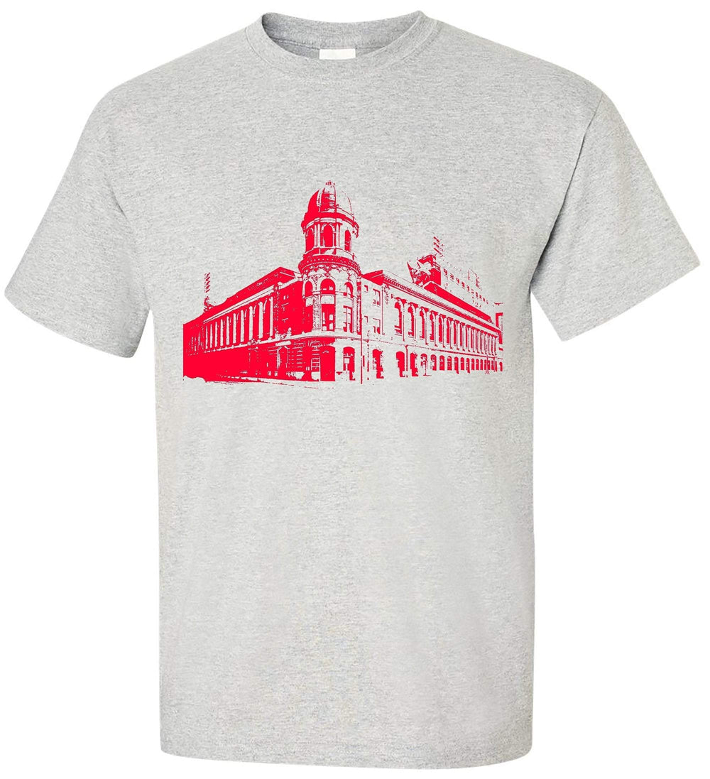 Shibe Park Connie Mack Stadium tee in ash color with red design, short sleeve style.