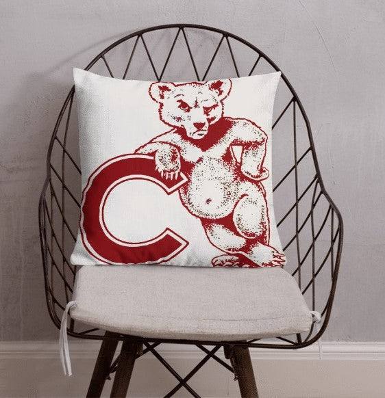 Cornell Vintage Booster Club Pillow with bear design on chair.