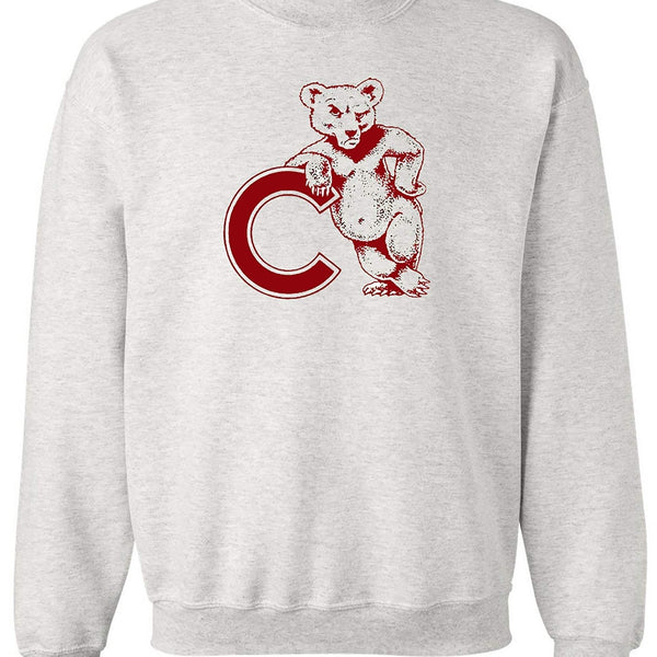 Cornell Vintage Booster Club sweatshirt in Old Skool Grey with bear graphic, heavyweight cotton fleece, crewneck style.