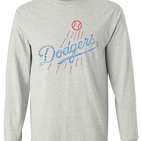 Dodgers Legends Logo Tee in Old Skool Grey, featuring iconic graphic design, available in short and long sleeves.