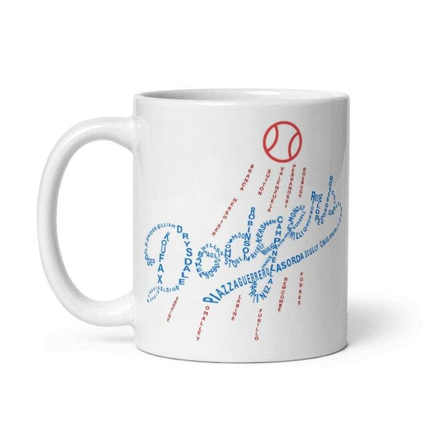 Cream Dodgers Legends Logo Mug with exclusive legends graphic design, 11oz ceramic, microwave, and dishwasher safe.