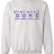 Duke Vintage Booster Club Grey Sweatshirt with Blue Devils Design in Crewneck Style.