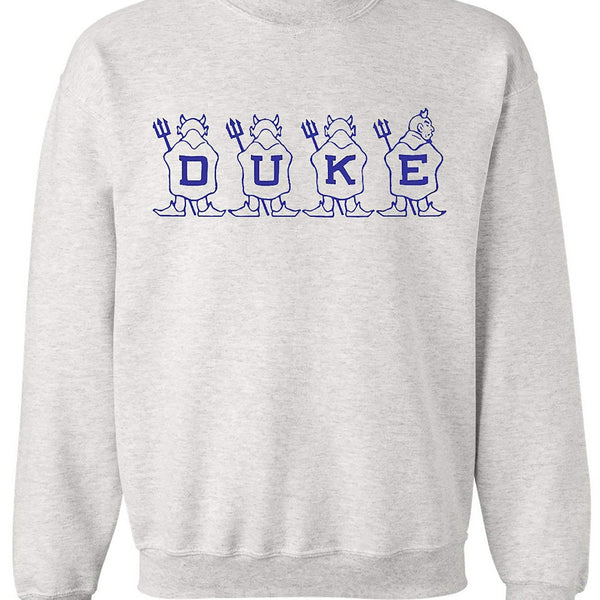 Duke Vintage Booster Club Grey Sweatshirt with Blue Devils Design in Crewneck Style.