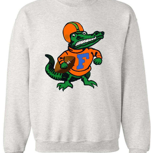 Florida Gators vintage football sweatshirt with retro alligator logo on Old Skool Grey fleece.