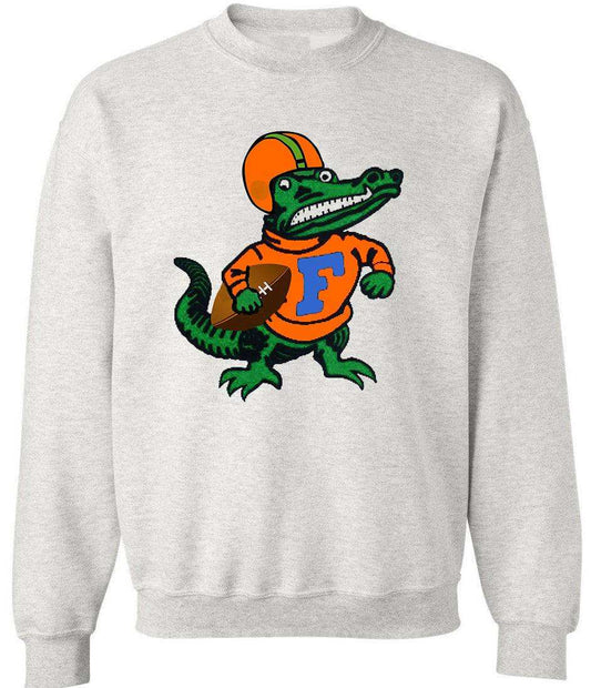 Florida Gators vintage football sweatshirt with retro alligator logo on Old Skool Grey fleece.
