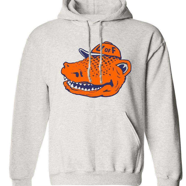Florida Gators vintage booster club sweatshirt in old skool grey with hoodie and pouch pockets.