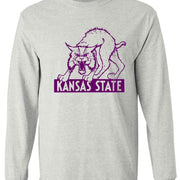 Kansas Wildcats Vintage Booster Club tee in Old Skool Grey, featuring a wildcat design with "Kansas State" text, available in men's and ladies styles.