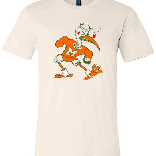 Miami Hurricanes Vintage Booster Club Tee, cream, featuring mascot design, 100% ringspun cotton.