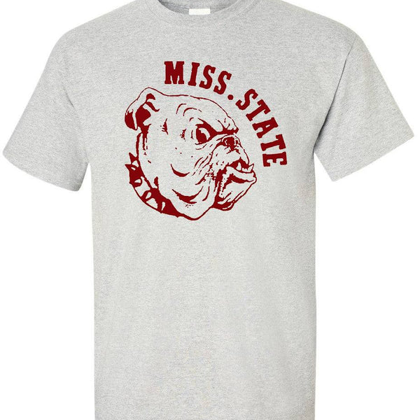 Mississippi State vintage grey booster club tee with bulldog graphic.