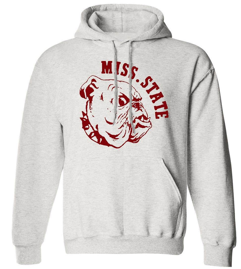 Mississippi State vintage Bulldogs sweatshirt in Old Skool Grey with a hood and pouch pockets.