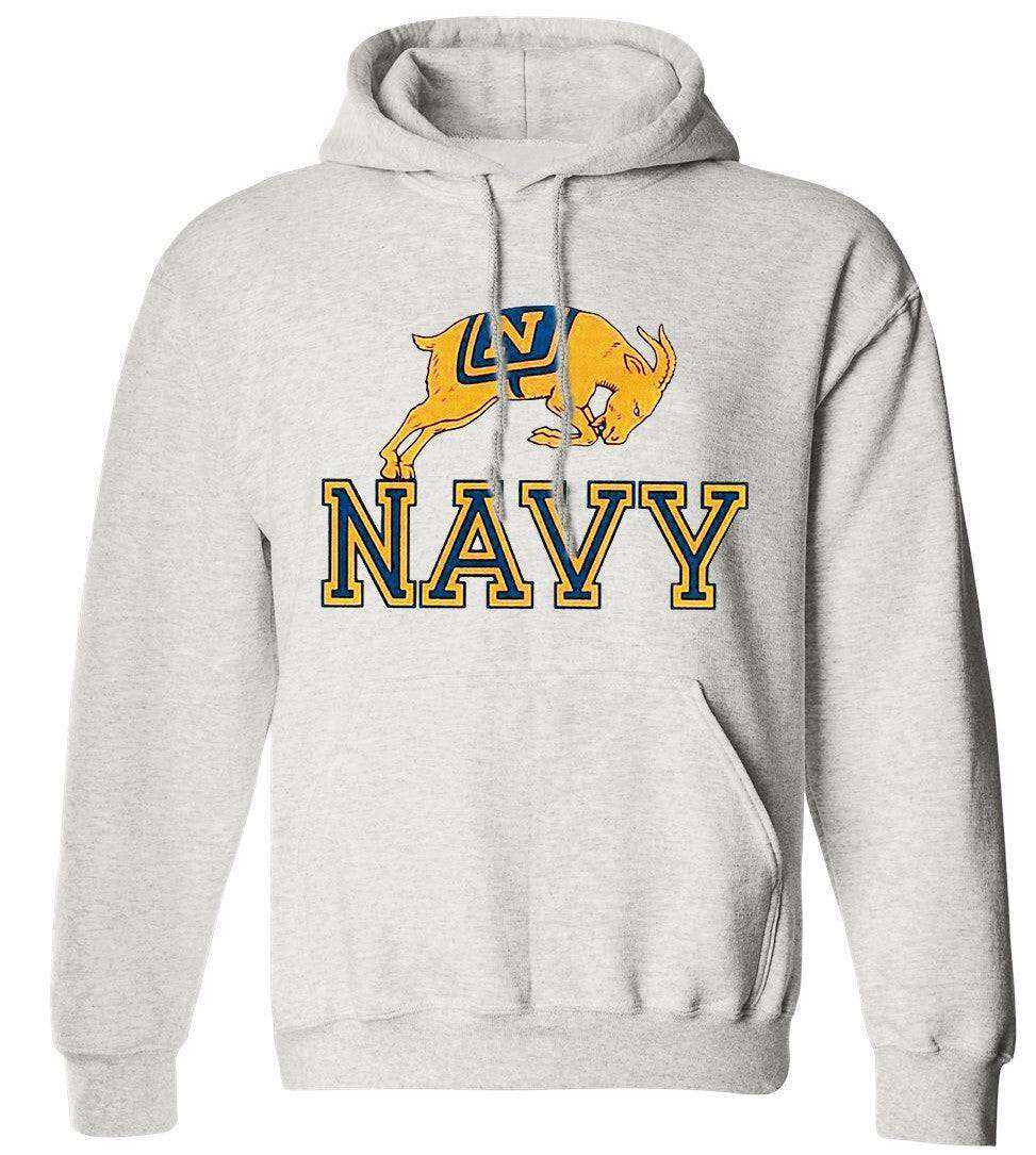 Navy Vintage Booster Club sweatshirt in Old Skool Grey with logo design, heavyweight cotton fleece, unisex sizes.